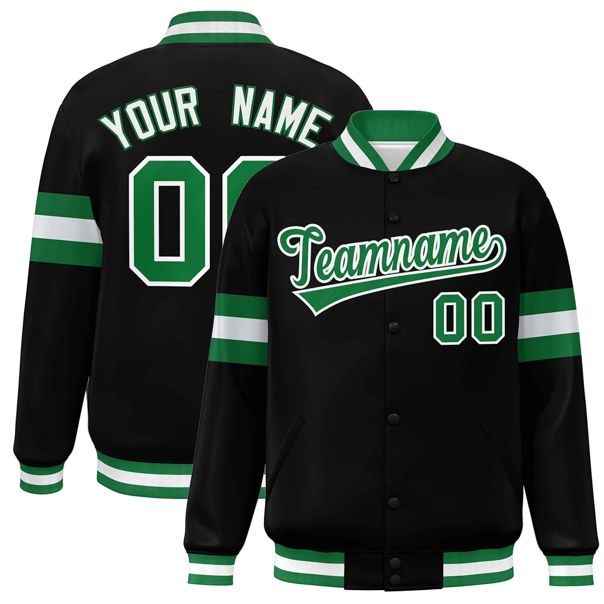 Custom Black Kelly Green-White Color Block Bomber Varsity Full-Snap Baseball Jacket