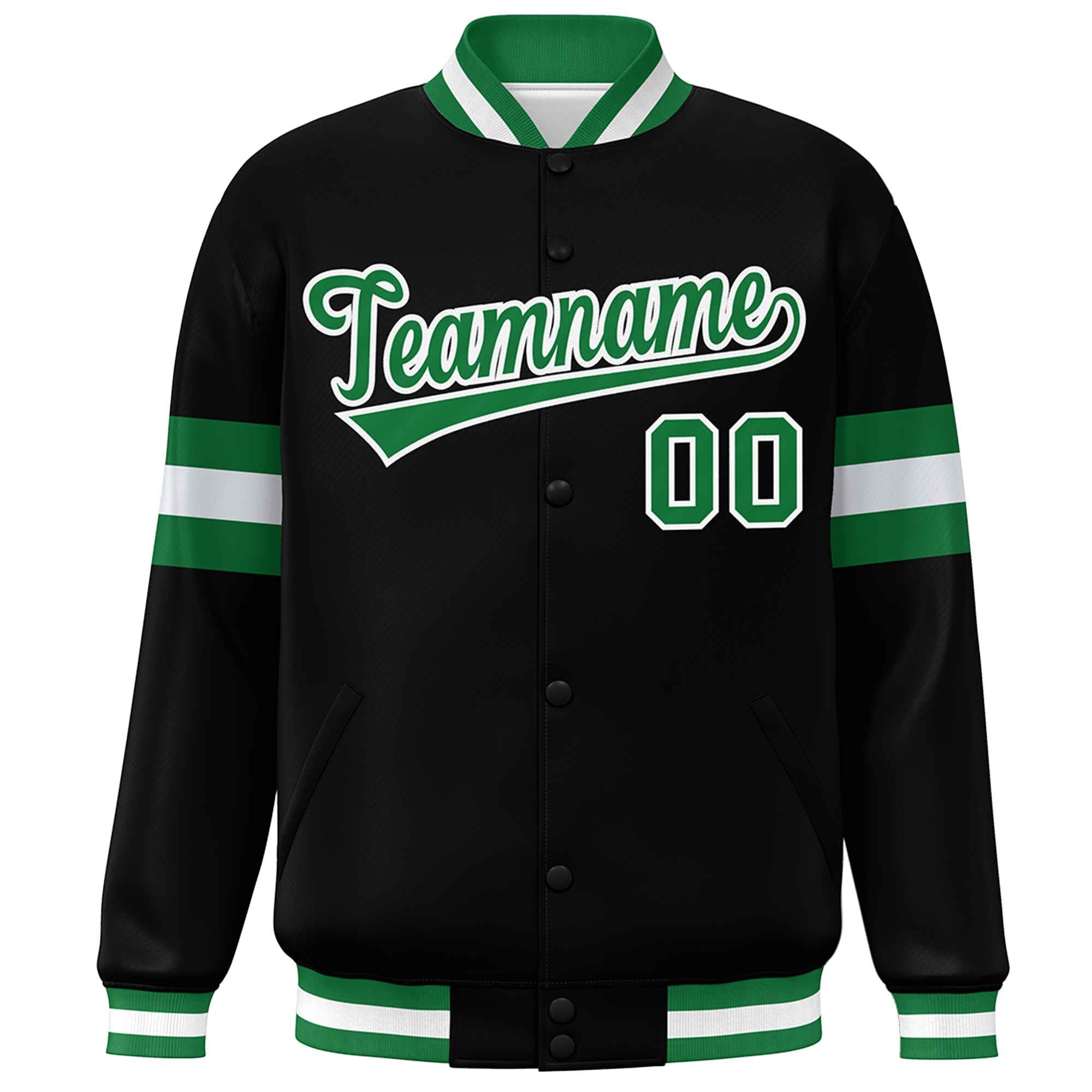 Custom Black Kelly Green-White Color Block Bomber Varsity Full-Snap Baseball Jacket