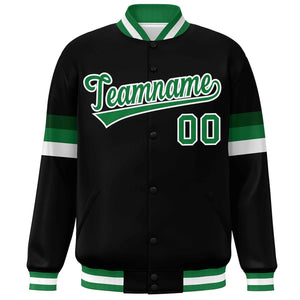 Custom Black Kelly Green-White Color Block Bomber Varsity Full-Snap Baseball Jacket