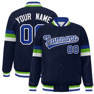 Custom Navy Royal-White Color Block Bomber Varsity Full-Snap Baseball Jacket