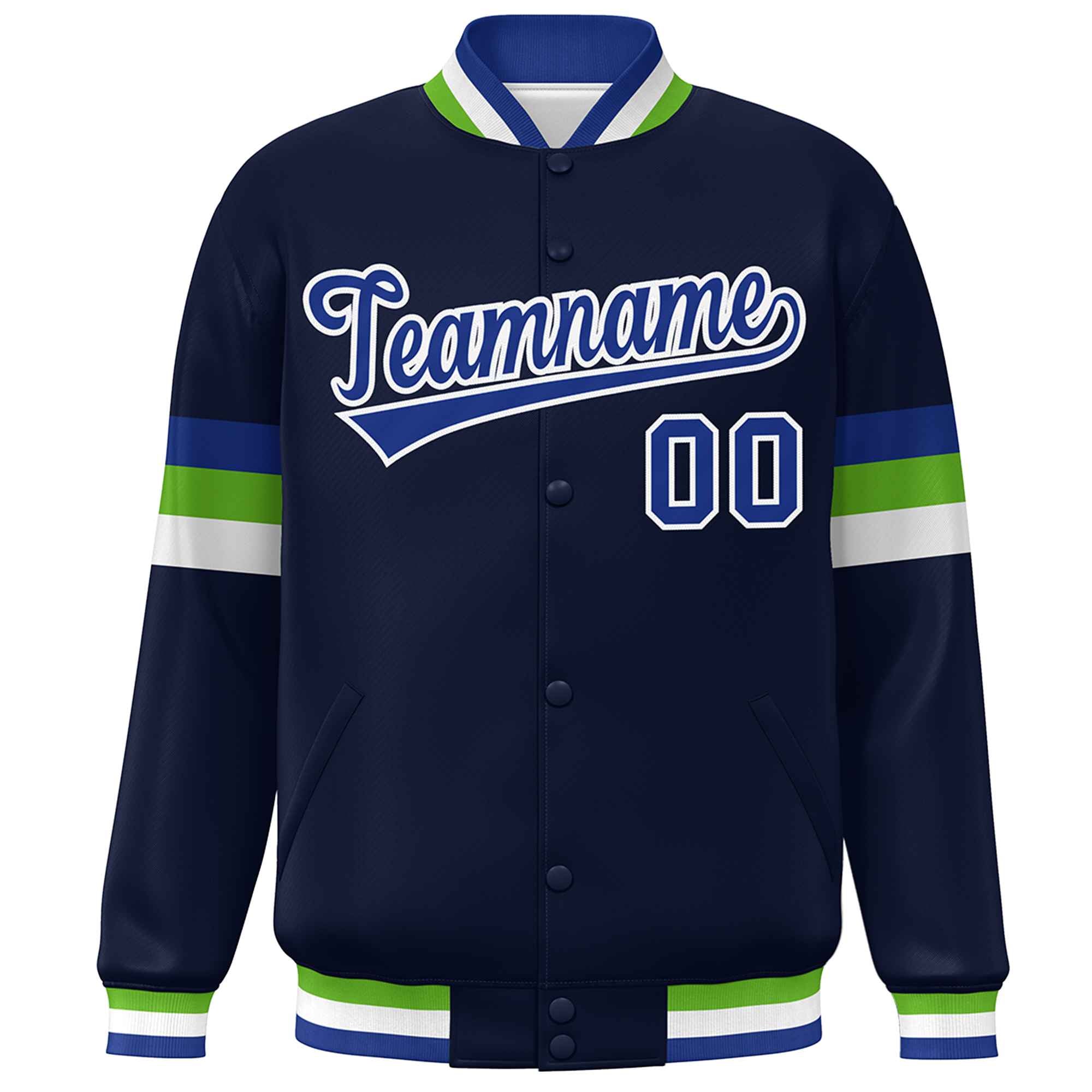 Custom Navy Royal-White Color Block Bomber Varsity Full-Snap Baseball Jacket