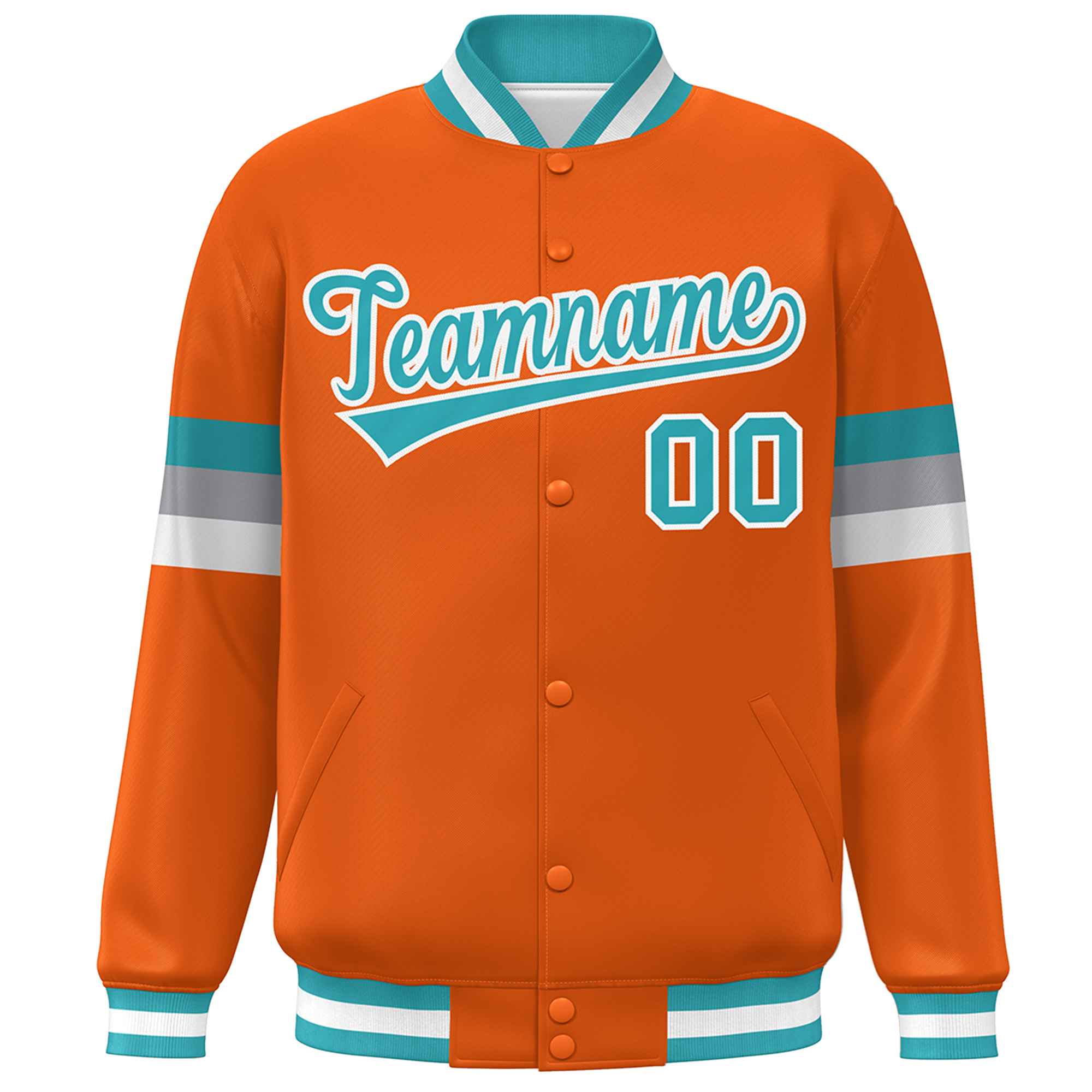 Custom Orange Aqua-White Color Block Bomber Varsity Full-Snap Baseball Jacket