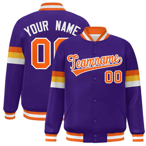 Custom Purple Orange-White Color Block Bomber Varsity Full-Snap Baseball Jacket