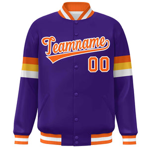 Custom Purple Orange-White Color Block Bomber Varsity Full-Snap Baseball Jacket