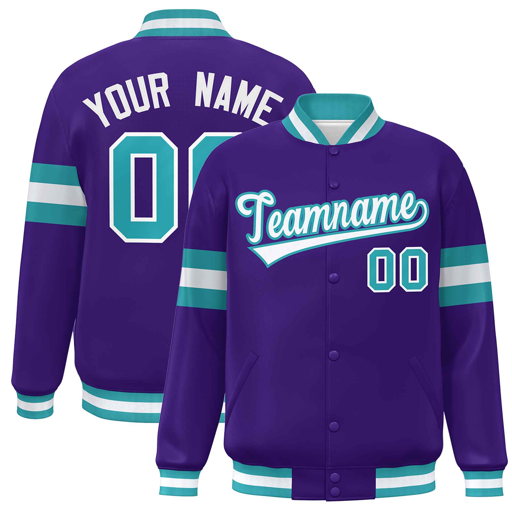 Custom Purple White-Aqua Color Block Bomber Varsity Full-Snap Baseball Jacket