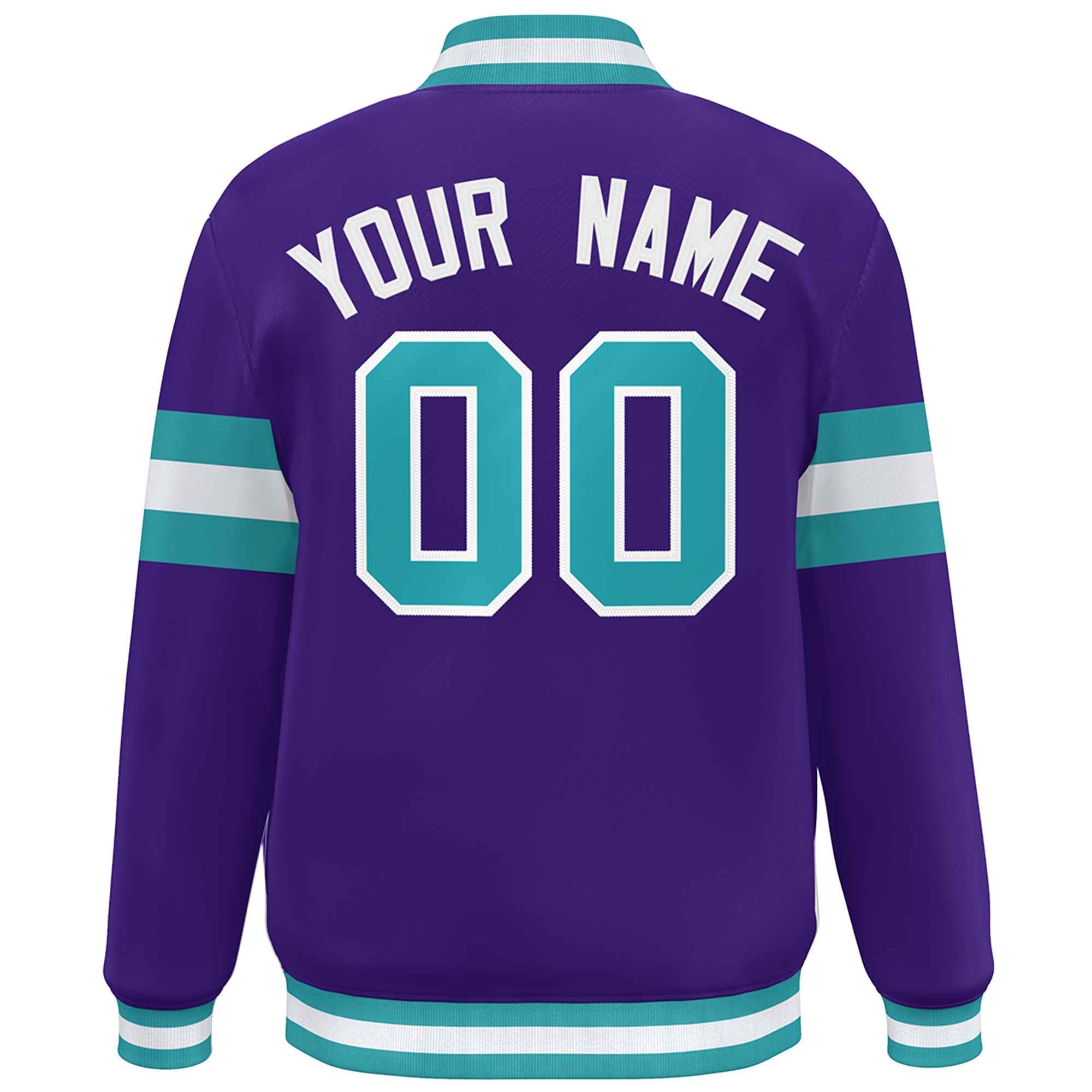 Custom Purple White-Aqua Color Block Bomber Varsity Full-Snap Baseball Jacket