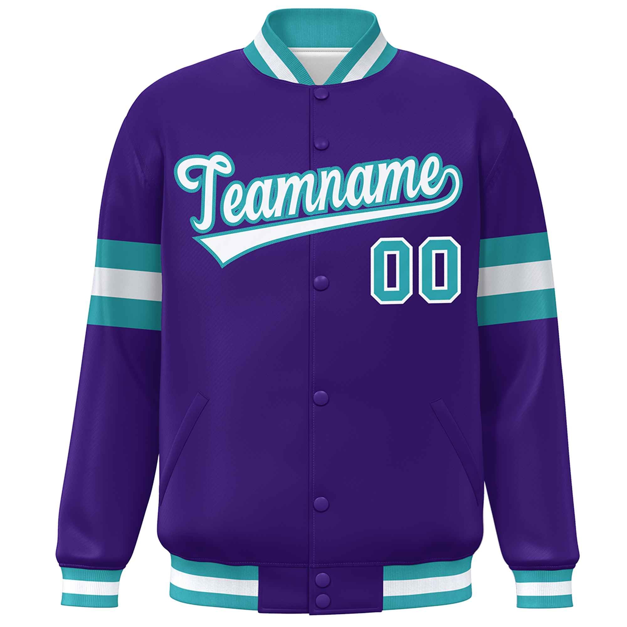 Custom Purple White-Aqua Color Block Bomber Varsity Full-Snap Baseball Jacket