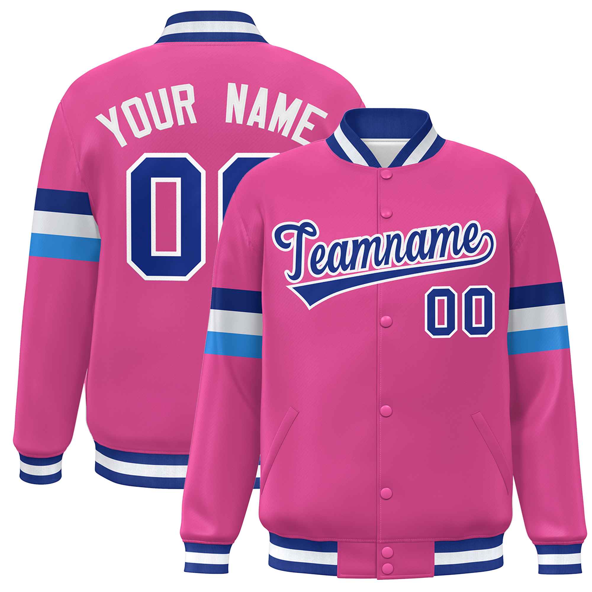 Custom Pink Royal-White Color Block Bomber Varsity Full-Snap Baseball Jacket