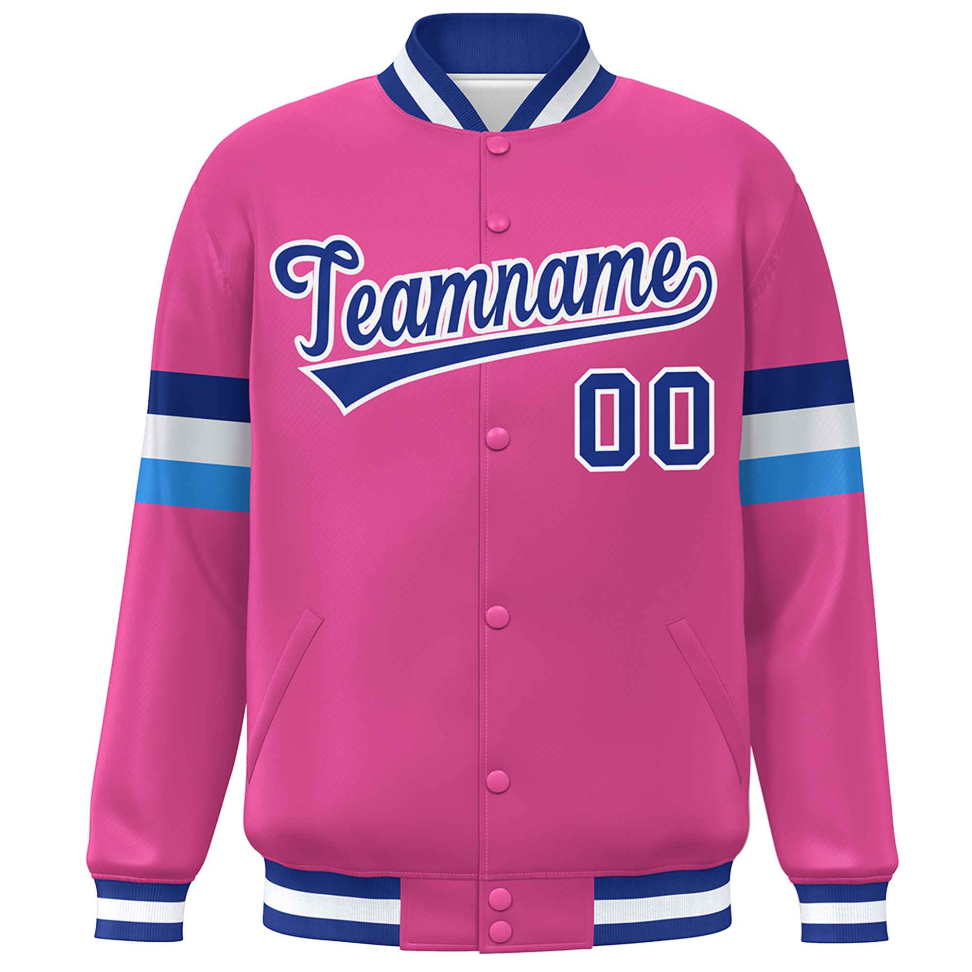 Custom Pink Royal-White Color Block Bomber Varsity Full-Snap Baseball Jacket