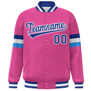 Custom Pink Royal-White Color Block Bomber Varsity Full-Snap Baseball Jacket