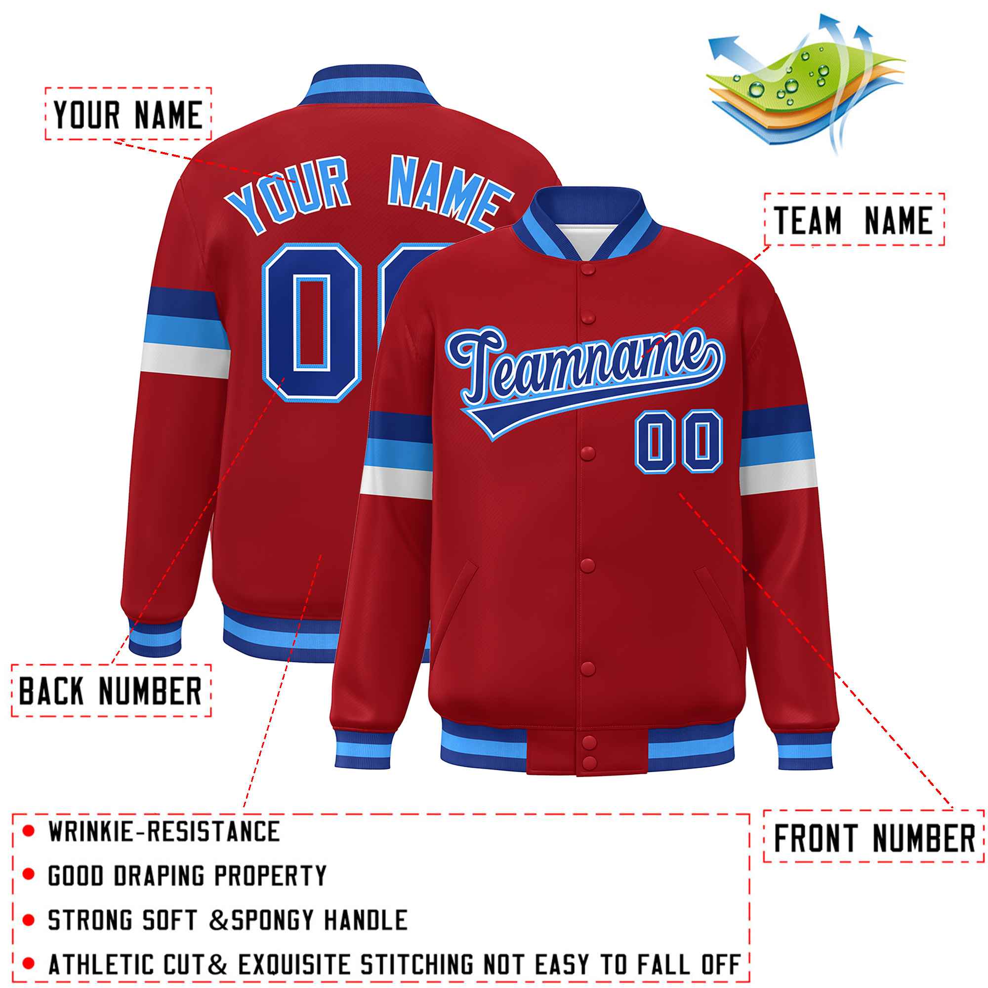 Custom Red Royal-Powder Blue Color Block Bomber Varsity Full-Snap Baseball Jacket