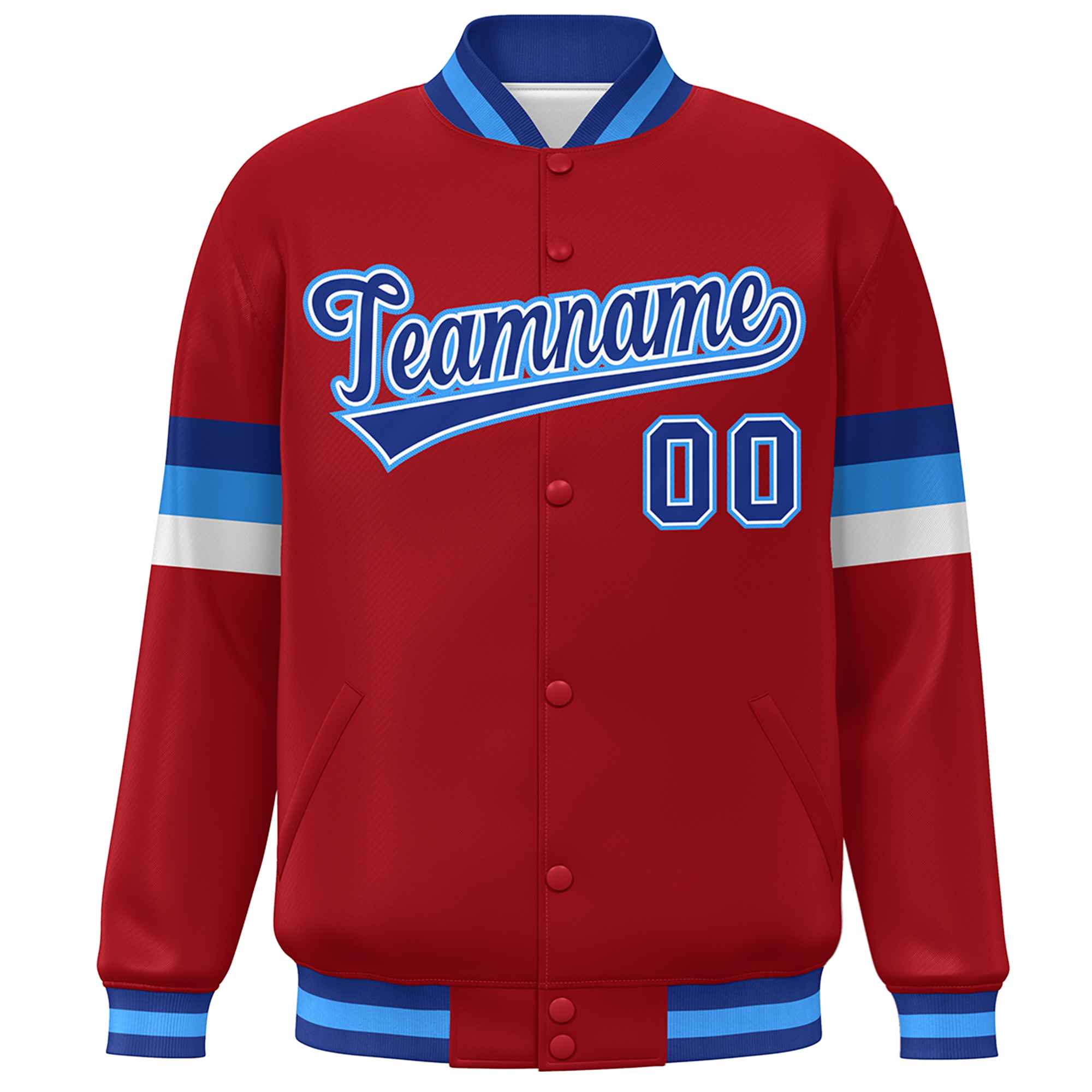 Custom Red Royal-Powder Blue Color Block Bomber Varsity Full-Snap Baseball Jacket