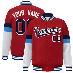 Custom Red Navy-White Color Block Bomber Varsity Full-Snap Baseball Jacket