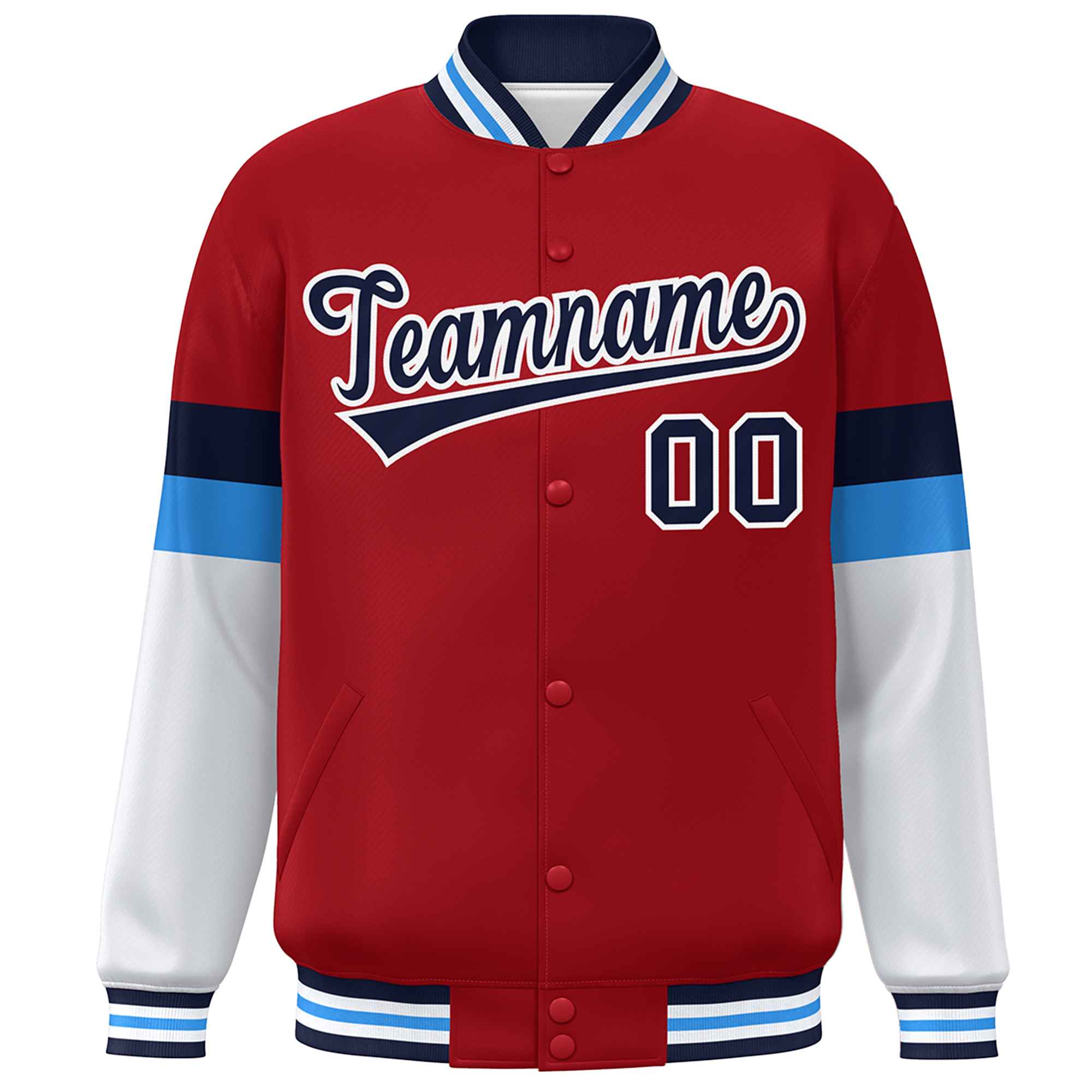 Custom Red Navy-White Color Block Bomber Varsity Full-Snap Baseball Jacket