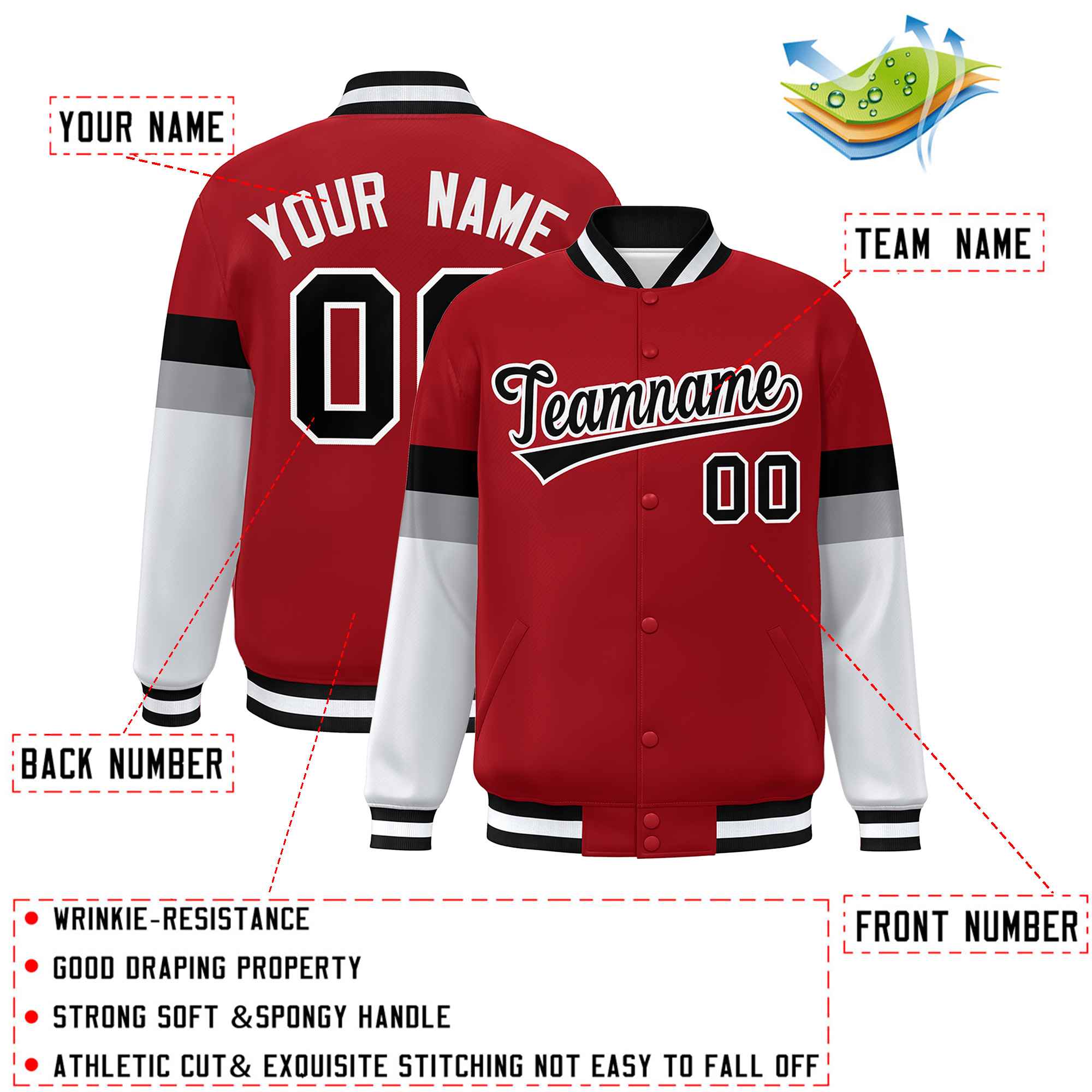 Custom Red Black-White Color Block Bomber Varsity Full-Snap Baseball Jacket