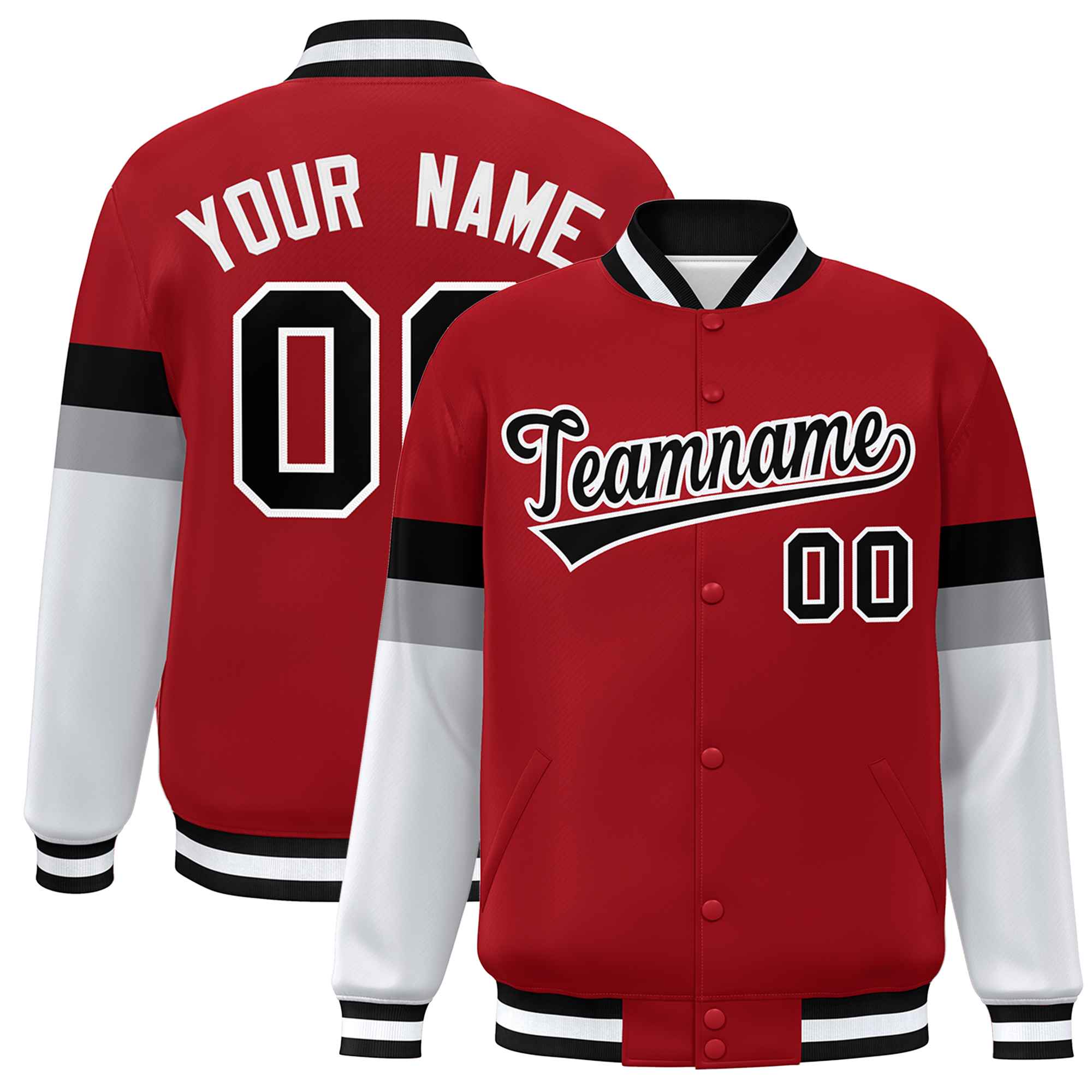 Custom Red Black-White Color Block Bomber Varsity Full-Snap Baseball Jacket