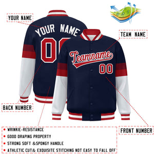 Custom Navy Red-White Color Block Bomber Varsity Full-Snap Baseball Jacket