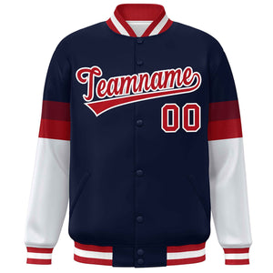 Custom Navy Red-White Color Block Bomber Varsity Full-Snap Baseball Jacket