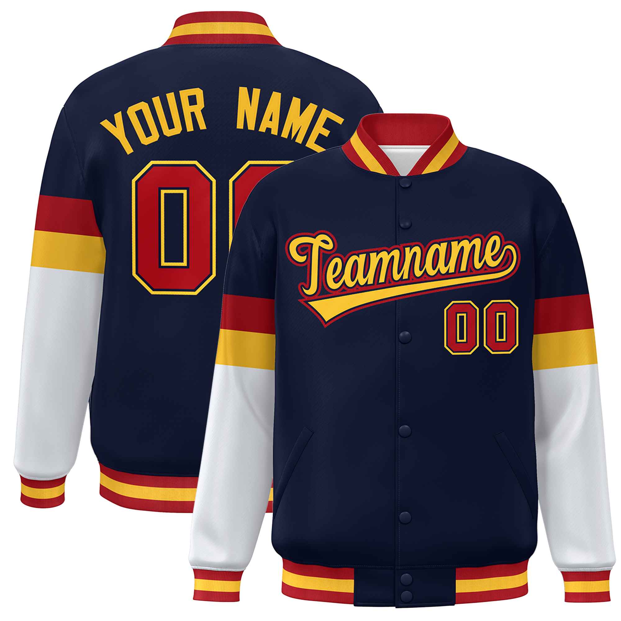 Custom Navy Gold-Red Color Block Bomber Varsity Full-Snap Baseball Jacket