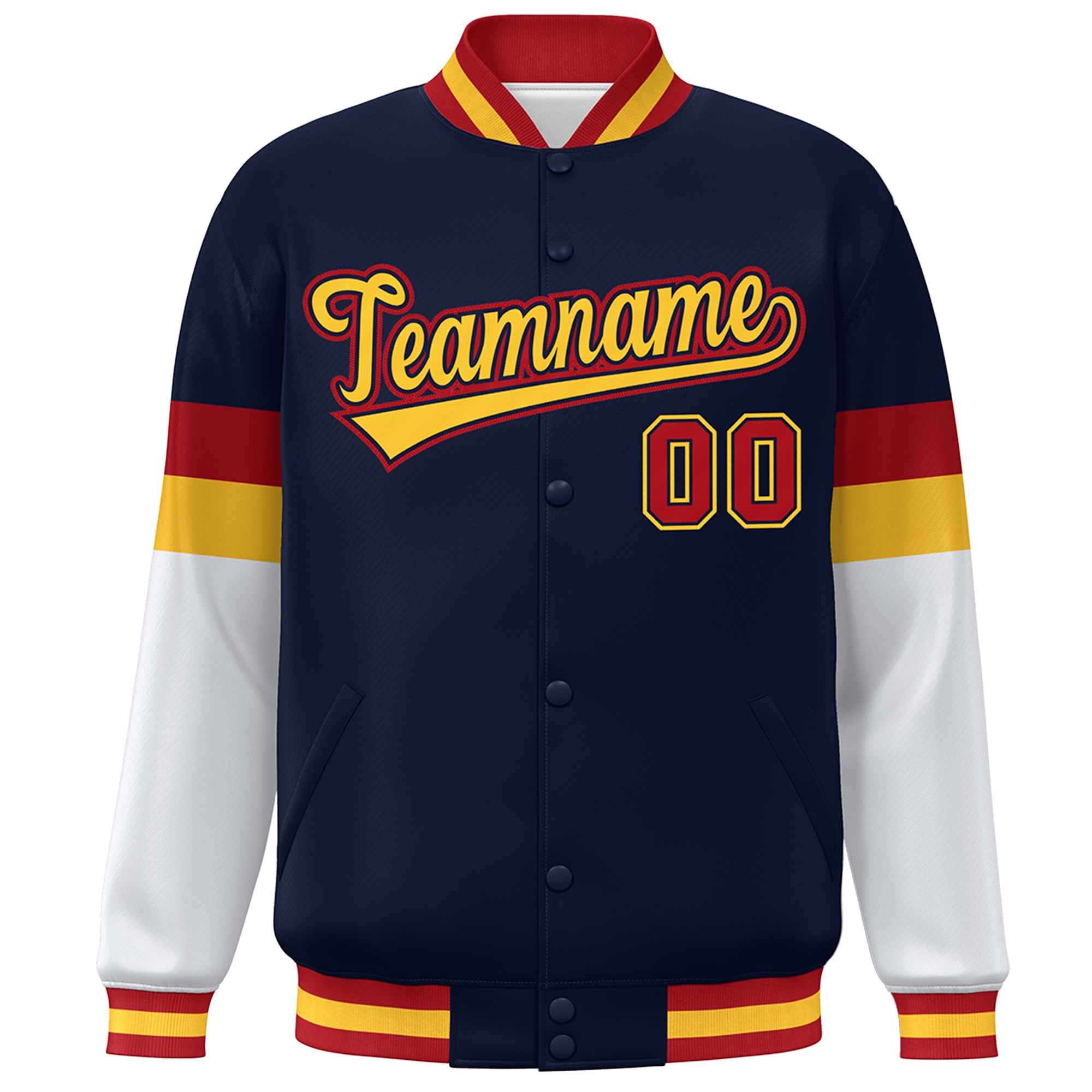 Custom Navy Gold-Red Color Block Bomber Varsity Full-Snap Baseball Jacket