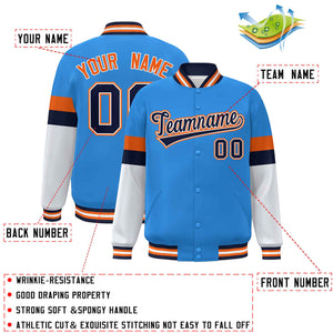 Custom Powder Blue Navy-Orange Color Block Bomber Varsity Full-Snap Baseball Jacket