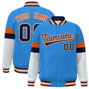 Custom Powder Blue Navy-Orange Color Block Bomber Varsity Full-Snap Baseball Jacket