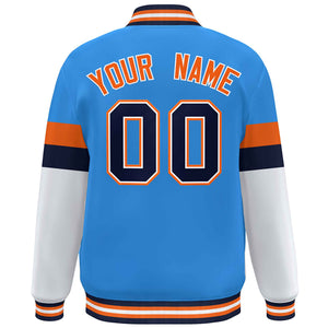 Custom Powder Blue Navy-Orange Color Block Bomber Varsity Full-Snap Baseball Jacket