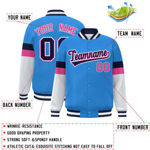 Custom Powder Blue Navy-White Color Block Bomber Varsity Full-Snap Baseball Jacket