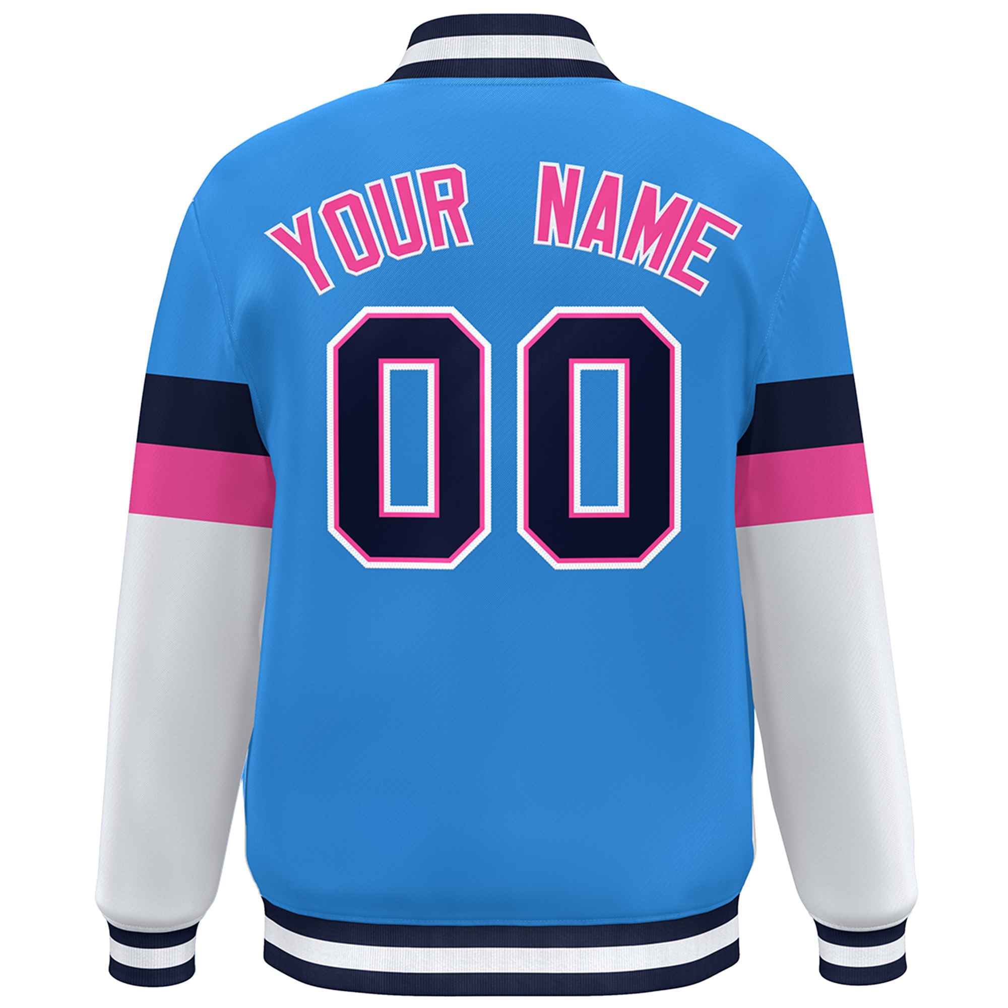 Custom Powder Blue Navy-White Color Block Bomber Varsity Full-Snap Baseball Jacket