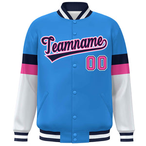 Custom Powder Blue Navy-White Color Block Bomber Varsity Full-Snap Baseball Jacket