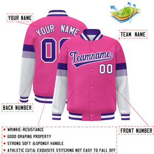 Custom Pink Purple-White Color Block Bomber Varsity Full-Snap Baseball Jacket