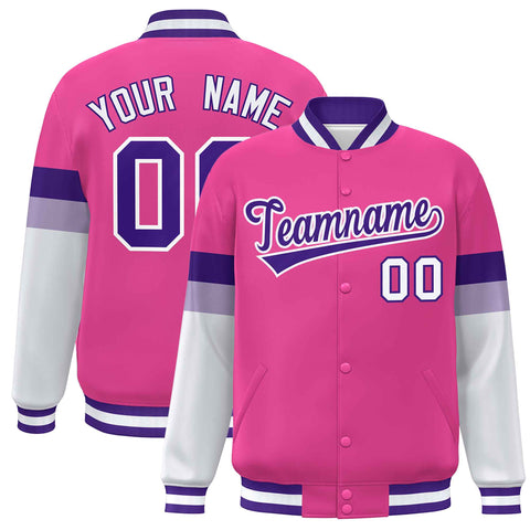 Custom Pink Purple-White Color Block Bomber Varsity Full-Snap Baseball Jacket