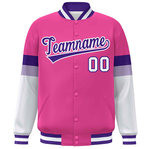 Custom Pink Purple-White Color Block Bomber Varsity Full-Snap Baseball Jacket