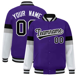 Custom Purple Black-White Color Block Bomber Varsity Full-Snap Baseball Jacket