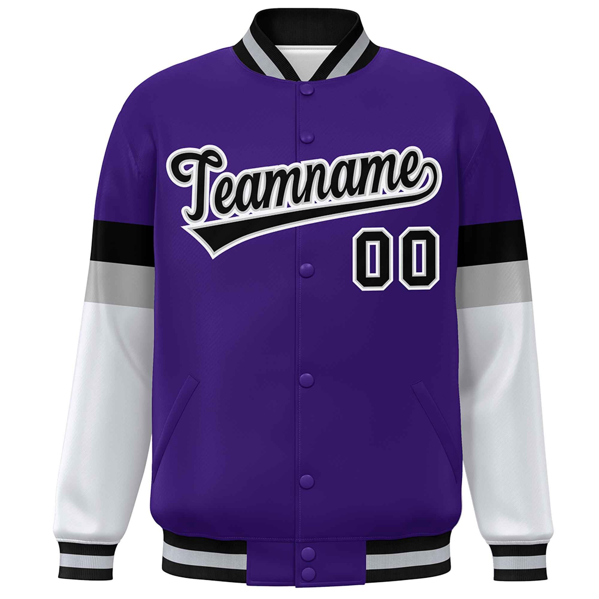 Custom Purple Black-White Color Block Bomber Varsity Full-Snap Baseball Jacket