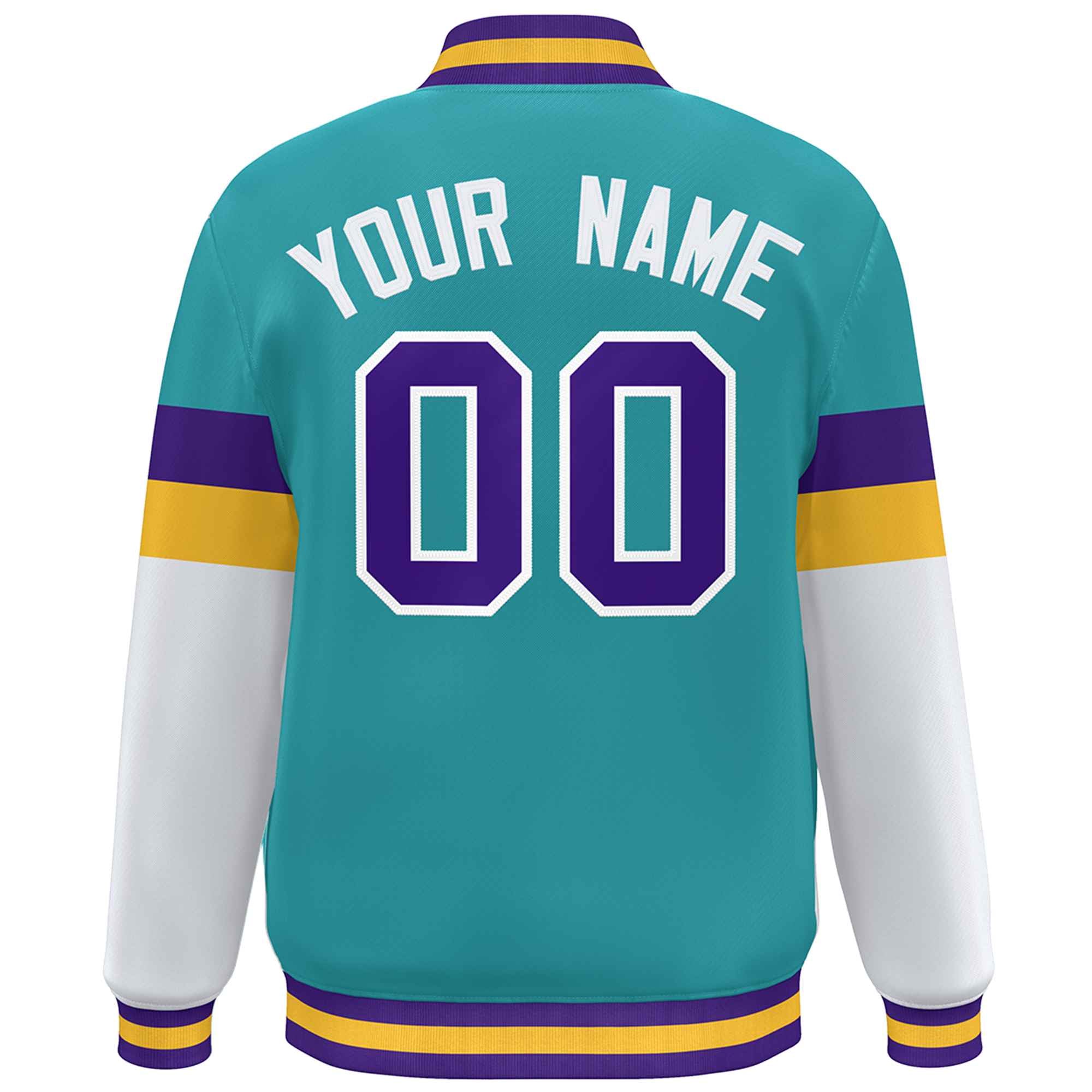 Custom Aqua Purple-White Color Block Bomber Varsity Full-Snap Baseball Jacket