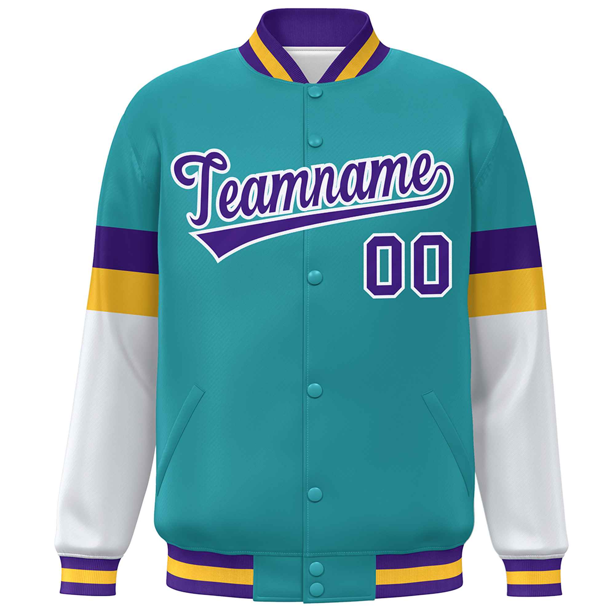 Custom Aqua Purple-White Color Block Bomber Varsity Full-Snap Baseball Jacket