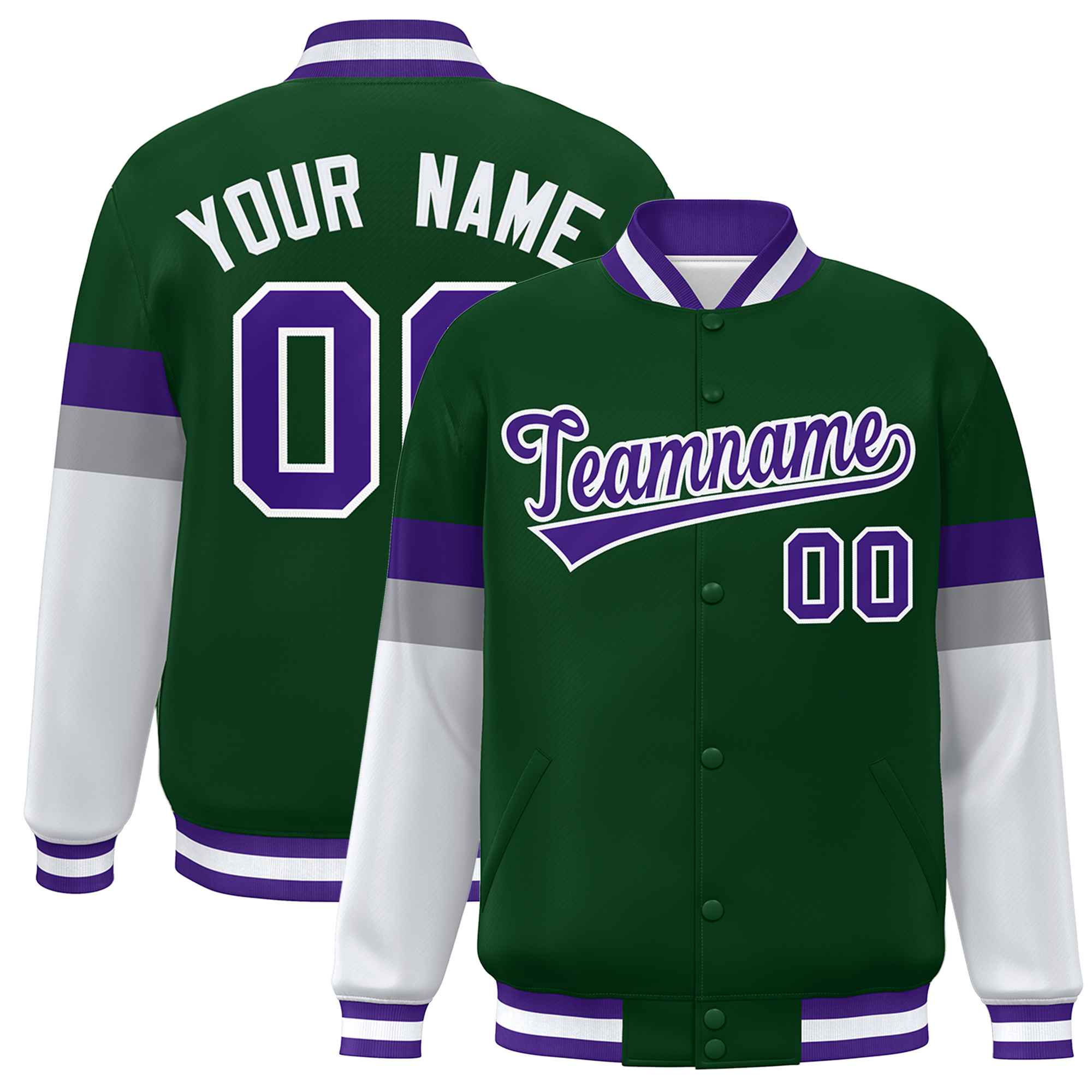 Custom Green Purple-White Color Block Bomber Varsity Full-Snap Baseball Jacket