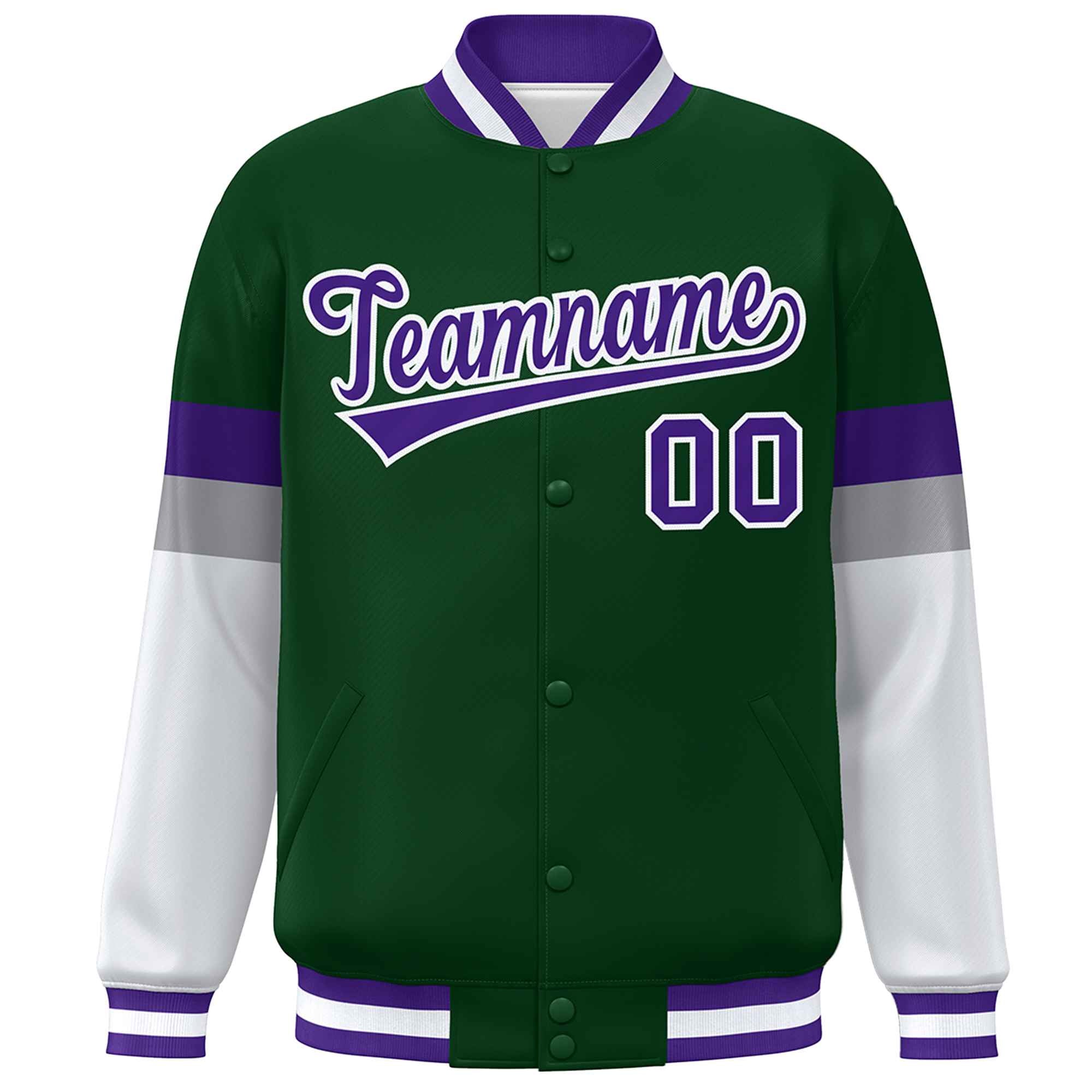 Custom Green Purple-White Color Block Bomber Varsity Full-Snap Baseball Jacket