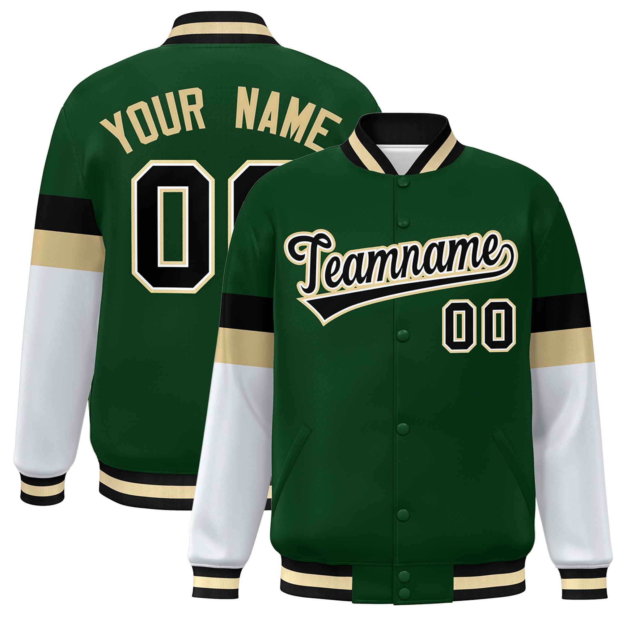 Custom Green Black-Khaki Color Block Bomber Varsity Full-Snap Baseball Jacket