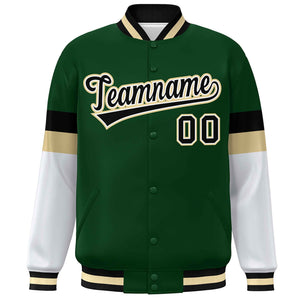 Custom Green Black-Khaki Color Block Bomber Varsity Full-Snap Baseball Jacket