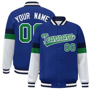 Custom Royal Kelly Green-White Color Block Bomber Varsity Full-Snap Baseball Jacket