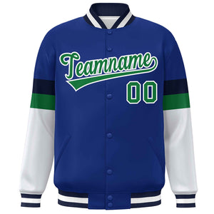 Custom Royal Kelly Green-White Color Block Bomber Varsity Full-Snap Baseball Jacket