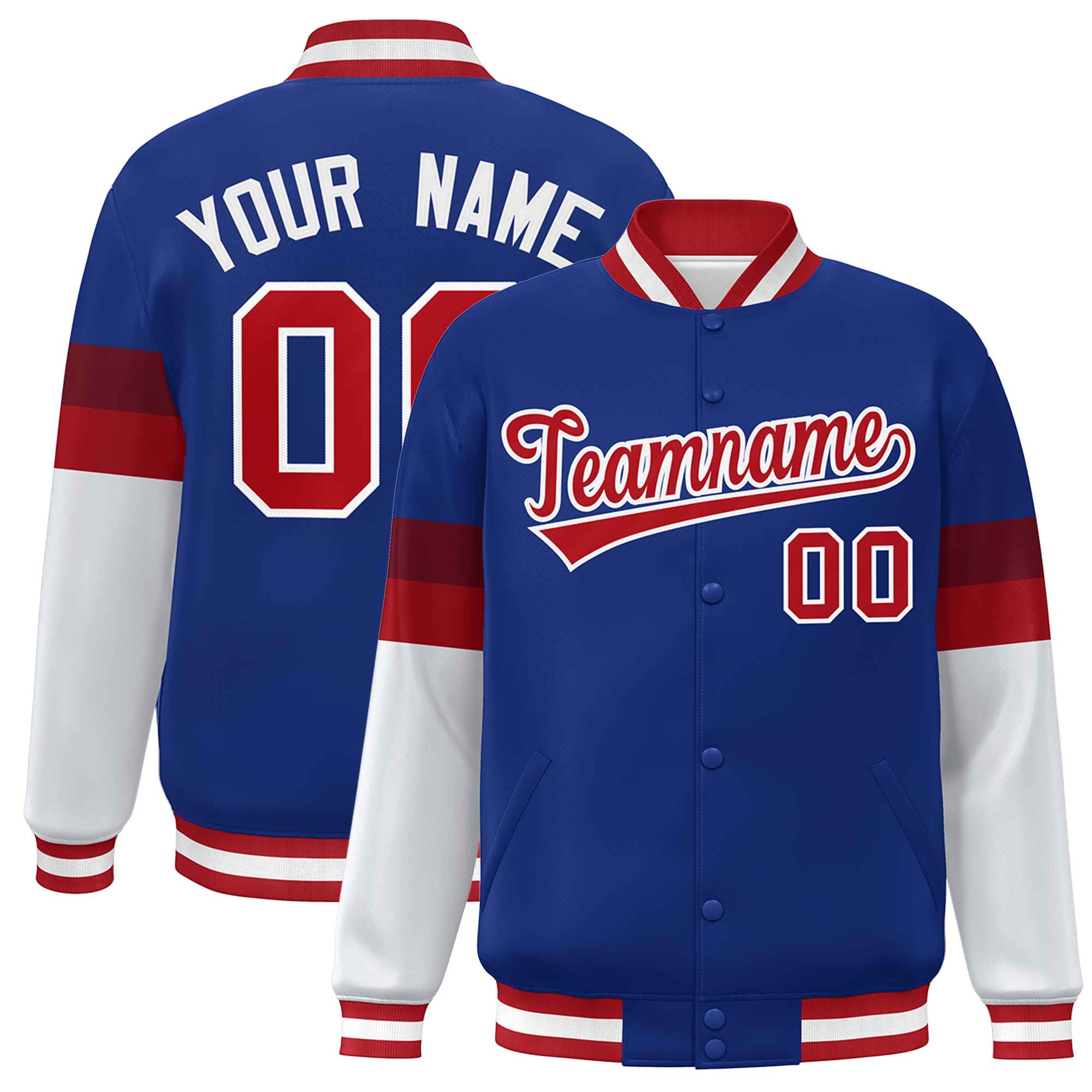 Custom Royal Red-White Color Block Bomber Varsity Full-Snap Baseball Jacket