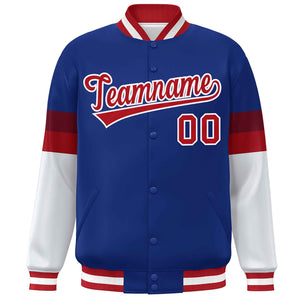 Custom Royal Red-White Color Block Bomber Varsity Full-Snap Baseball Jacket