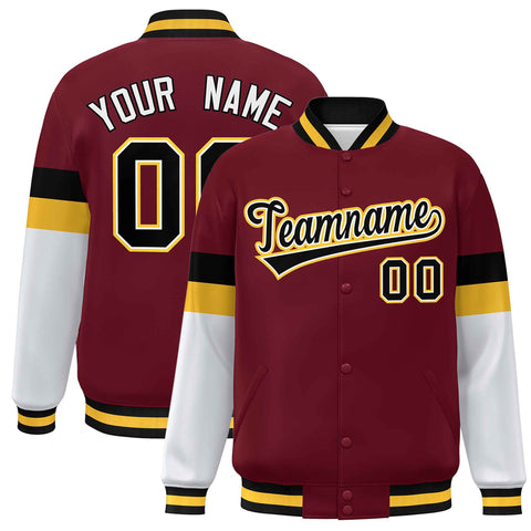 Custom Crimson Black-Gold Color Block Bomber Varsity Full-Snap Baseball Jacket