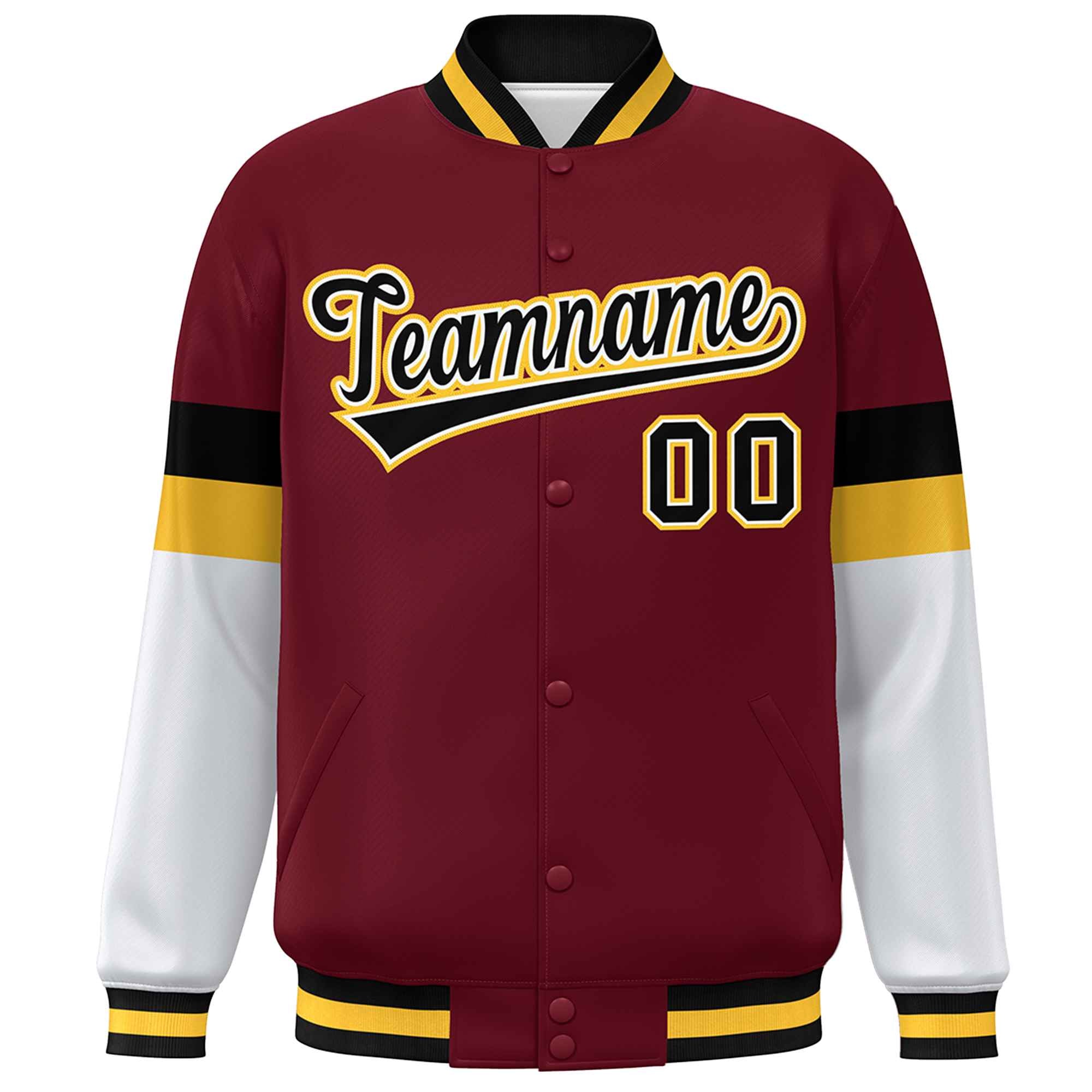 Custom Crimson Black-Gold Color Block Bomber Varsity Full-Snap Baseball Jacket