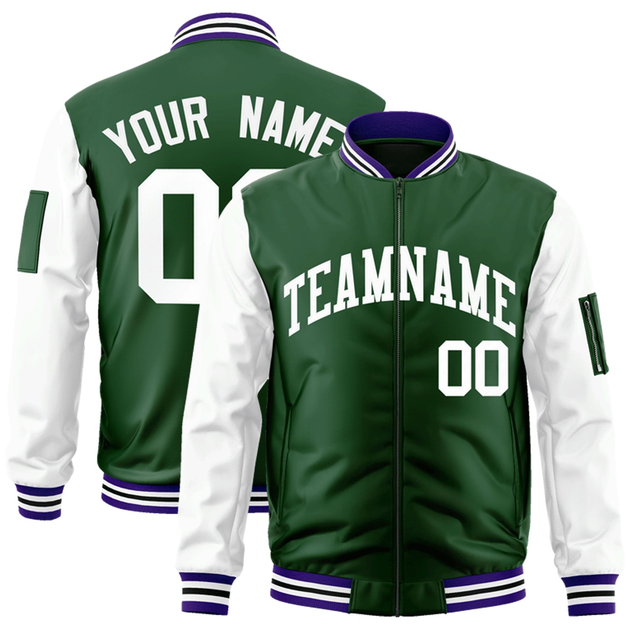 Custom Green-White Varsity Full-Zip Raglan Sleeves Letterman Bomber Jacket