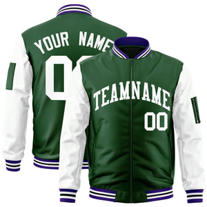 Custom Green-White Varsity Full-Zip Raglan Sleeves Letterman Bomber Jacket