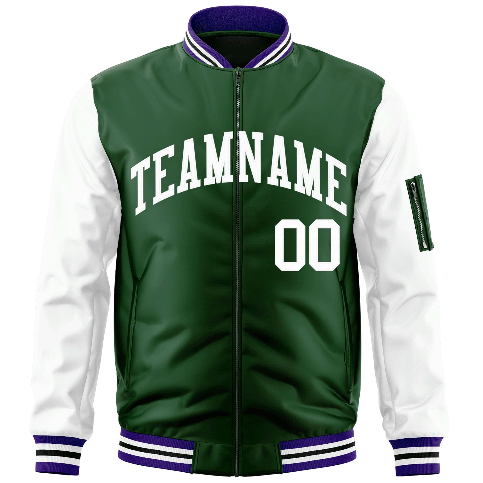 Custom Green-White Varsity Full-Zip Raglan Sleeves Letterman Bomber Jacket